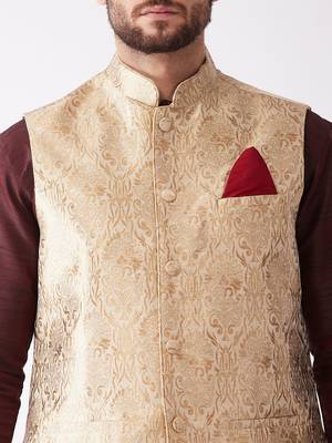 Wine, Rose Gold And Black Silk Blend Jacket, Kurta And Dhoti Set 4