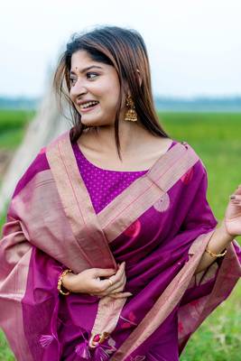 Purple Pure Linen silk blend Jamdani Woven Saree Festive Wear 2