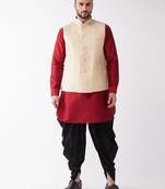 Maroon, Cream And Black Silk Blend Jacket, Kurta And Dhoti Set