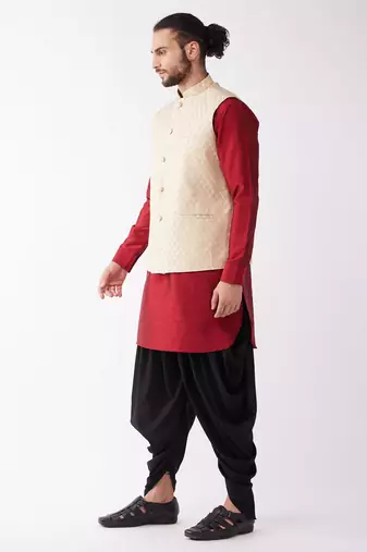 Maroon, Cream And Black Silk Blend Jacket, Kurta And Dhoti Set
