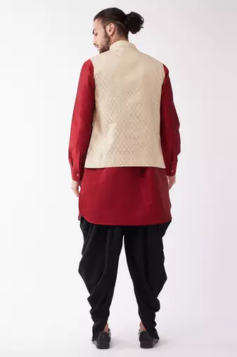 Maroon, Cream And Black Silk Blend Jacket, Kurta And Dhoti Set