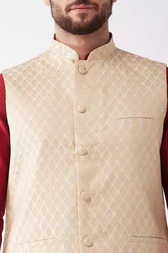 Maroon, Cream And Black Silk Blend Jacket, Kurta And Dhoti Set