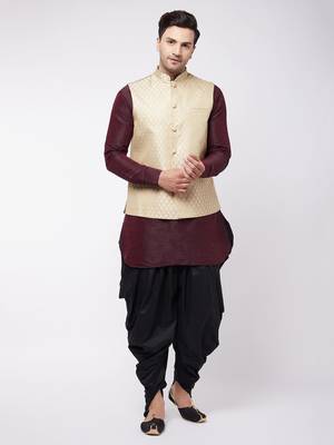 Wine, Cream And Black Silk Blend Jacket, Kurta And Dhoti Set 1