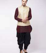 Men'S Wine, Cream And Black Silk Blend Jacket, Kurta And Dhoti Set