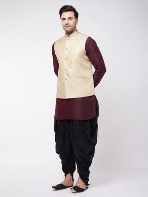 Wine, Cream And Black Silk Blend Jacket, Kurta And Dhoti Set 2
