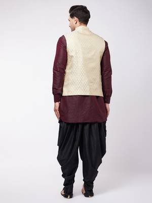 Wine, Cream And Black Silk Blend Jacket, Kurta And Dhoti Set 3