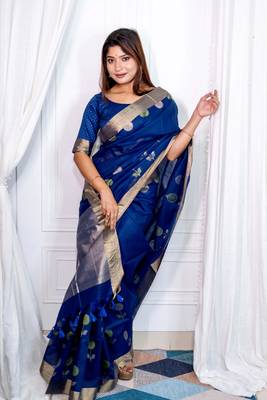 Blue Pure Linen silk blend Jamdani Woven Saree Festive Wear 1