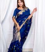 Blue Pure Linen Silk Jamdani Woven Saree Festive Wear