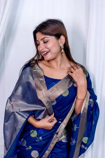 Blue Pure Linen silk blend Jamdani Woven Saree Festive Wear