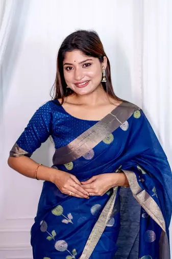 Blue Pure Linen silk blend Jamdani Woven Saree Festive Wear