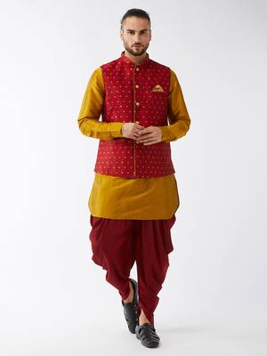 Mustard And Maroon Silk Blend Jacket, Kurta And Dhoti Set 1