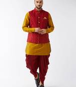 Mustard And Maroon Silk Blend Jacket, Kurta And Dhoti Set