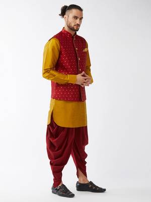 Mustard And Maroon Silk Blend Jacket, Kurta And Dhoti Set 2