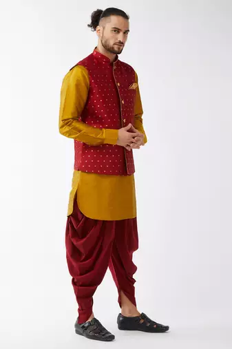 Mustard And Maroon Silk Blend Jacket, Kurta And Dhoti Set