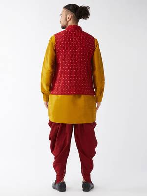 Mustard And Maroon Silk Blend Jacket, Kurta And Dhoti Set 3