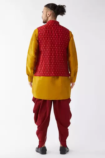 Mustard And Maroon Silk Blend Jacket, Kurta And Dhoti Set