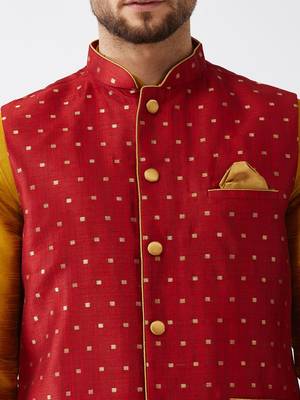 Mustard And Maroon Silk Blend Jacket, Kurta And Dhoti Set 4