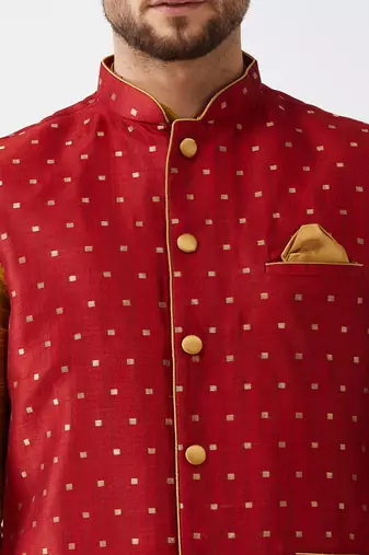 Mustard And Maroon Silk Blend Jacket, Kurta And Dhoti Set