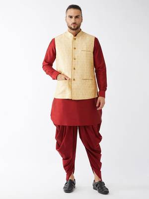 Maroon And Gold Silk Blend Jacket, Kurta And Dhoti Set 1