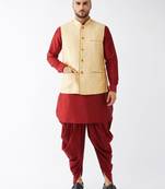 Men'S Maroon And Gold Silk Blend Jacket, Kurta And Dhoti Set
