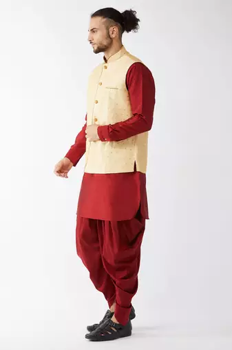 Maroon And Gold Silk Blend Jacket, Kurta And Dhoti Set