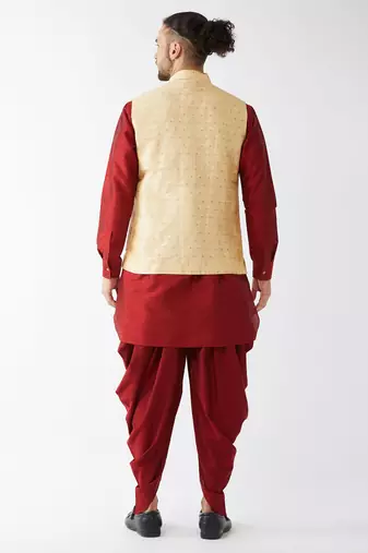 Maroon And Gold Silk Blend Jacket, Kurta And Dhoti Set