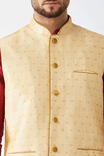 Maroon And Gold Silk Blend Jacket, Kurta And Dhoti Set