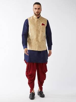 Navy Blue, Rose Gold And Maroon Silk Blend Jacket, Kurta And Dhoti Set 1