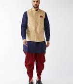 Navy Blue, Rose Gold And Maroon Silk Blend Jacket, Kurta And Dhoti Set