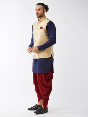 Navy Blue, Rose Gold And Maroon Silk Blend Jacket, Kurta And Dhoti Set 2