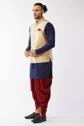 Navy Blue, Rose Gold And Maroon Silk Blend Jacket, Kurta And Dhoti Set