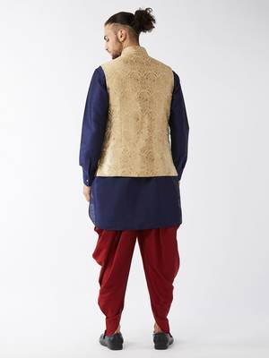 Navy Blue, Rose Gold And Maroon Silk Blend Jacket, Kurta And Dhoti Set 3
