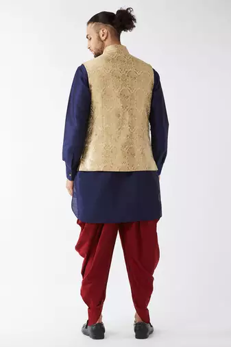 Navy Blue, Rose Gold And Maroon Silk Blend Jacket, Kurta And Dhoti Set