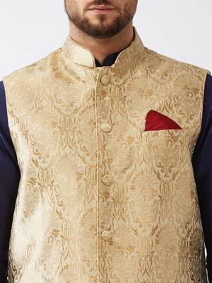 Navy Blue, Rose Gold And Maroon Silk Blend Jacket, Kurta And Dhoti Set 4