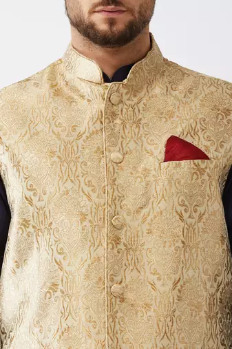 Navy Blue, Rose Gold And Maroon Silk Blend Jacket, Kurta And Dhoti Set