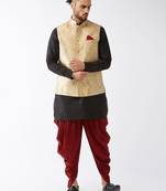 Black, Rose Gold And Maroon Silk Blend Jacket, Kurta And Dhoti Set