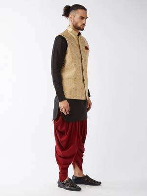 Black, Rose Gold And Maroon Silk Blend Jacket, Kurta And Dhoti Set 2