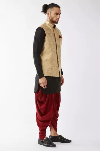 Black, Rose Gold And Maroon Silk Blend Jacket, Kurta And Dhoti Set