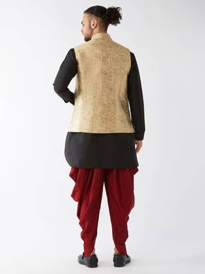 Black, Rose Gold And Maroon Silk Blend Jacket, Kurta And Dhoti Set 3