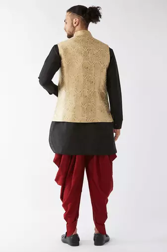 Black, Rose Gold And Maroon Silk Blend Jacket, Kurta And Dhoti Set