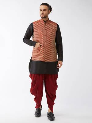 Black And Maroon Silk Blend Jacket, Kurta And Dhoti Set 1