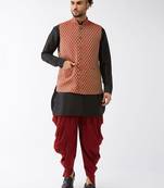 Black And Maroon Silk Blend Jacket, Kurta And Dhoti Set
