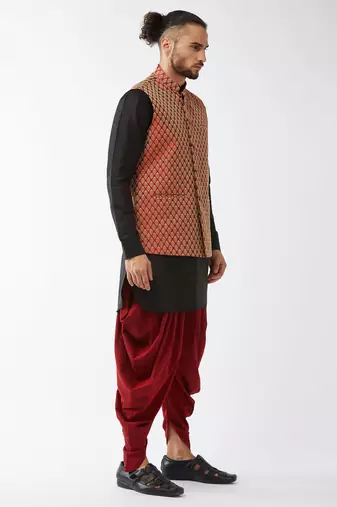 Black And Maroon Silk Blend Jacket, Kurta And Dhoti Set