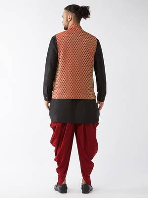 Black And Maroon Silk Blend Jacket, Kurta And Dhoti Set 3