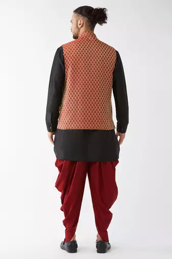 Black And Maroon Silk Blend Jacket, Kurta And Dhoti Set