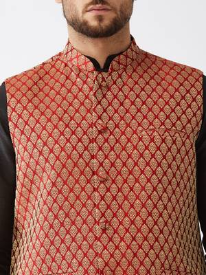 Black And Maroon Silk Blend Jacket, Kurta And Dhoti Set 4