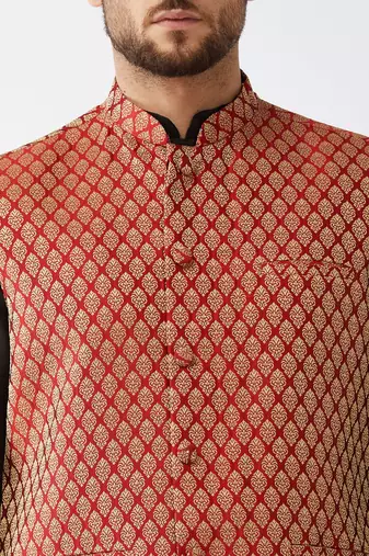 Black And Maroon Silk Blend Jacket, Kurta And Dhoti Set
