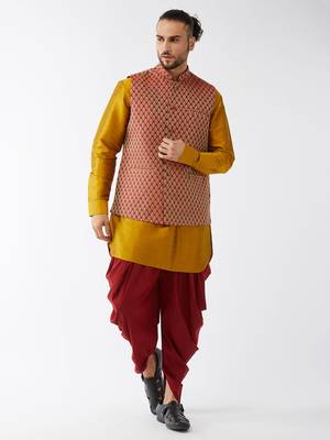 Mustard And Maroon Silk Blend Jacket, Kurta And Dhoti Set 1