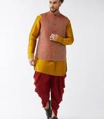 Men'S Mustard And Maroon Silk Blend Jacket, Kurta And Dhoti Set