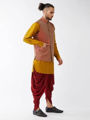 Mustard And Maroon Silk Blend Jacket, Kurta And Dhoti Set 2